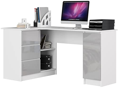 AKORD Eck-Schreibtisch B-20 mit 3 Schubladen, 2 Ablagen und einem Regalfach mit Tür | Schreibtisch | Eck Schreibtisch für Home Office | B155 x H77 x T85, 60 kg | Weiß & Metallic-Glanz Front