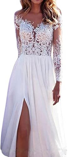 Onsoyours Damen V-Ausschnitt Hochzeitskleider Lang Ärmel Spitze Chiffon Boho Brautkleider Weiß 11 S