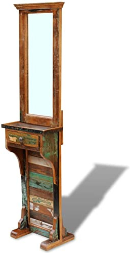 Tidyard Mobiletto retrò Vintage da Salone con Specchio e Cassetta in Legno Massello di Recupero 47x23x180 cm,Mobiletto Salvaspazio da Bagno Vintage con Cassetto e Specchio in Legno,Specchiera Vintage