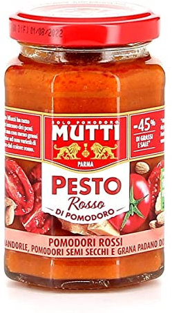 24x Mutti Pesto Rosso Pomodori Rossi Rotes Tomatenpesto Pasta Sauce 100% italienische Tomate Glas 180g Würzsaucen mit Mandeln, Tomaten, getrockneten Samen und Grana Padano