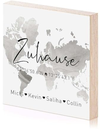 Zuhause Koordinaten Holzbild Einweihungsgeschenk zum hinstellen aufhängen mit Spruch auf Holz als Geschenk-Idee zum Hausbau Einzug Einweihung Richtfest Wand-Bild (Schwarz&Weiß)