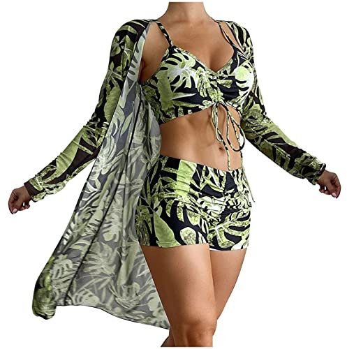 Saymany 3-teilige Anzüge für Damen Badeanzüge Bikini-Sets mit Cover-Ups Strickjacken Damen hawaiianische Bademode Blumendruck rückenfreier Bikini-Badeanzug Bademode-Set Strandponcho