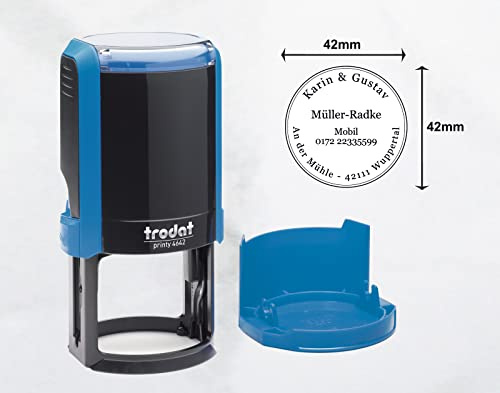 Trodat Printy 4642 - runder Adressstempel - Gehäusefarbe himmelblau - mit Wunschtext personalisierbarer Namensstempel oder Firmenstempel - Durchmesser 42 mm - 6 Zeilen