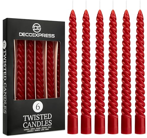 DECO EXPRESS Stabkerzen Set, 6er Packung, Tropffreie Gedrehte Bunte Kerzen, 6 Stunden Brenndauer Unparfümiert, Schlafzimmer Deko Geschenke für Valentinstag und Muttertag (Rot, 6er-Pack)