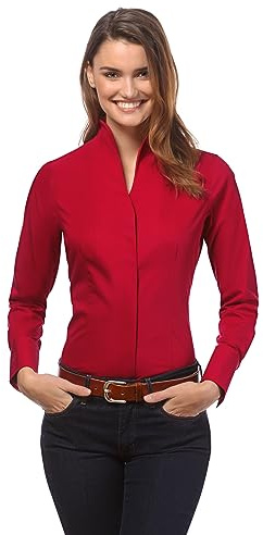 Vincenzo Boretti Camisa de Mujer, Corte Ligeramente más angosto, 100% algodón, Manga-Larga, Cuello cáliz, Lisa, fácil de Planchar, Elegante y clásica Rojo 38