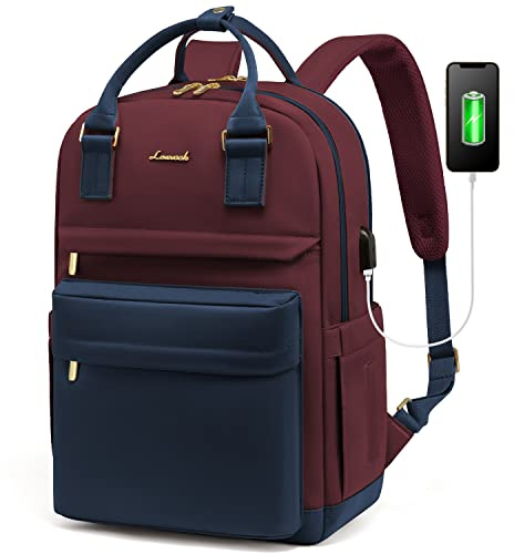 LOVEVOOK Backpack Womens, 15.6 Inch Laptop School Bags for Women Waterproof Computer Rucksack with USB Port for Travel Business College Work, Dark Blue Burgundy