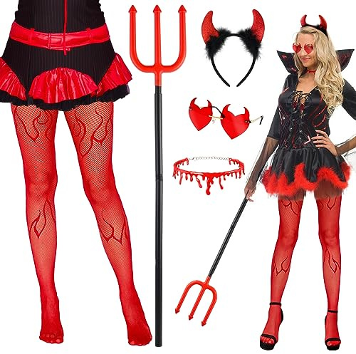 BOFUNX Costume Halloween Diavolo Travestimento Diavolo Orecchie Diavolo Forcone Diavolo Calze Autoreggenti Rosse Occhiali a Cuore Girocollo di Sangue per Halloween Cosplay Bambini Adulti
