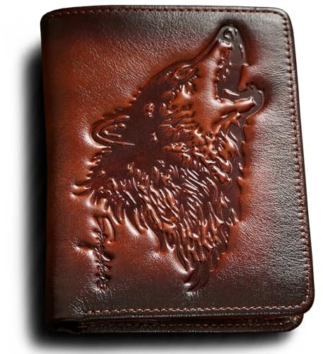 skneephate Wolf Geldbörse Herren Mit Münzfach,Portemonnaie Herren Leder,Portmonee RFID Schutz,Geschenk-Ideen Brieftasche (Brown)