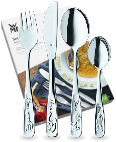 WMF Kinderbesteck mit Namensgravur, Edelstahl, 4-teilig, spülmaschinengeeignet, Geschenk zur Taufe, Taufgeschenke für Mädchen und Jungen, Kinderbesteck mit Gravur, Besteckset ab 3 Jahre, Tiere