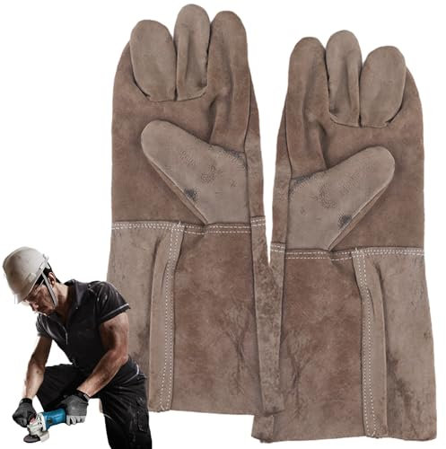 Maciun Guantes de soldador eléctricos de cuero, resistentes al calor, guantes de soldadura de cuero para chimeneas eléctricas. Guantes de soldadura de jardinería resistentes al aceite, impermeables