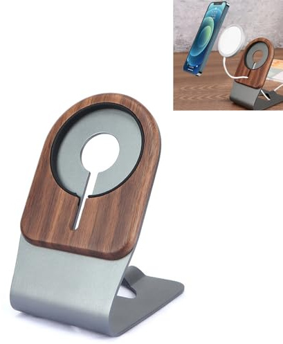 GOODKSSOP Luxury Aluminium Aloy + Solid Wooden Desktop Holder Stand Compatible with for MagSafe Charger Wireless Charging Accessories for iPhone 16/15/14/13/12 Series Cell Phones