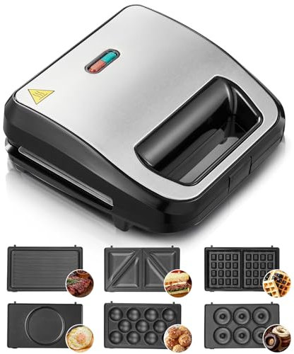 FOHERE Sandwichmaker 6 in 1, Waffeleisen, Kontaktgrill, Panini, süße Küchlein, Antihaftbeschichtung für leichte Reinigung, Doppelseitiges Backen bei Konstanter Temperatur, BPA-freis, 750W