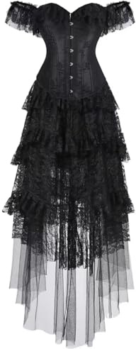 Jutrisujo Korsett Damen Kleid Set Corsage Corsagenkleid Black Corset Dress Vollbrust Spitze Lace Ärmel Weg Von Der Schulter Vintage Schwarz M