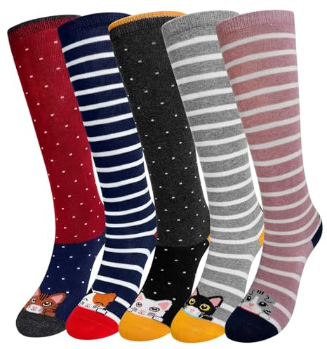 LOFIR Calzini Ginocchio Bambina Ragazze: Calze Lunghe Senza Cuciture in Cotone per Bambini - Calzine Gambaletto Invernali con Righe Divertenti Colorati Animali per Natale Regali 5 Paia Gatto 35-38