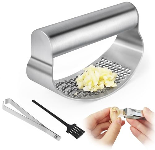 Wantli Knoblauchpresse, Knoblauchwippe aus rostfreiem Edelstahl, garlic press, Tragbarer Küchenhilfe, Mit Knoblauchschäler und Reinigungsbürste, Einfach zu bedienen und zu reinigen