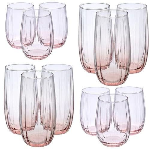 Queensway Home & Dining 12-Piece Coloured Glass Tumbler Set - Stylish, Durable Drinkware for Cocktails, Juices & Everyday Use - 380ml & 500ml Pink Dishwasher Safe Glasses
