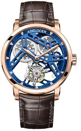 AGELOCER Tourbillon Watches Men, Original Ultra Thin Classic Style, Skeleton Manual Mechanical Watch, Leather Strap Mens Waterproof Dress Watch Gift