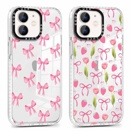 Phoona 2 pezzi Cover per iPhone 12 Mini 5,4'', Cellulare Trasparente Silicone Morbido Custodia per telefono Aesthetic Fragola Rosa Motivo Disegno Protezione Antiurto AntiGraffio Case per Ragazze