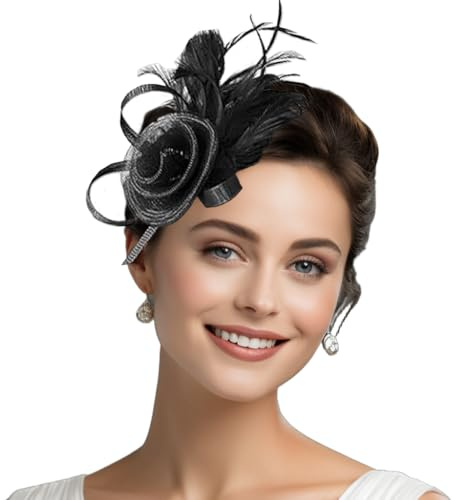 Faletony Bibi avec pince à cheveux pour femme - Motif floral - Plumes - Pour thé, cocktail, mariage, Noir , 7-7 1/4