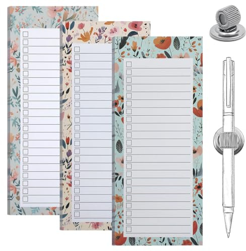 IKR Magnetischer Einkaufslistenblock und 1 magnetischer Stiftclip, Blumendesign, magnetische Einkaufsliste, 150 Blatt zum Abreißen, magnetische Notizblöcke für Kühlschrank, Spind, Schrank, 3 Stück
