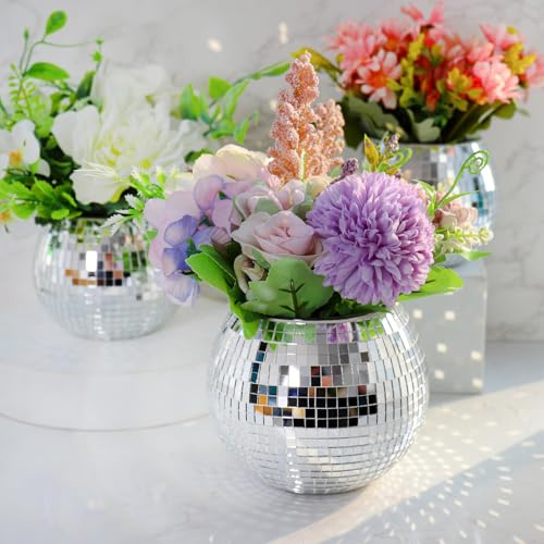 Disco Ball Planter, Disco Ball Vase, Disco Ball Flower Pot, A Cute and Trendy Vase for Centerpieces, Silver Mirror Finish Adds Glamour to Your Table Decor, for Bar,Office (Silver, 4 * 5 * 5 inch)