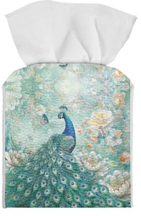 Xsehusvy Peacock Tissue Box Cover Water-Resistant Leather Tissue Box Holder Cube Facial Paper Organizer Dispenser Napkin Holder Case Home Decoration