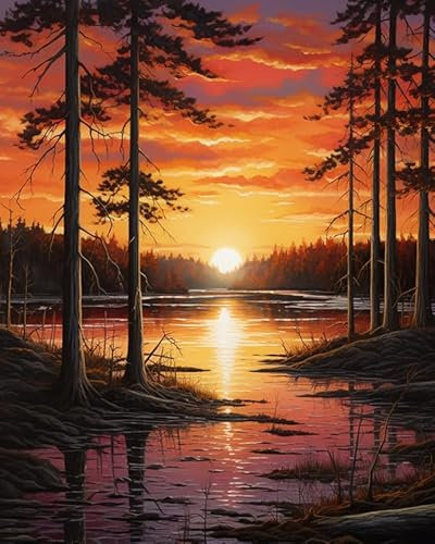 PIPISKY DIY-Ölgemälde-Malsets für Erwachsene,Bäume im See bei Sonnenuntergang,Malen-nach-Zahlen-Sets für Erwachsene,Kunsthandwerk für Heimdekoration,40x50cm,Ohne Rahmen