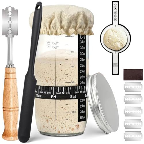 Fzyisw Sourdough Starter Kit 730ml Sourdough Starter Jar, Sourdough Kit with Thermometer Band, Date Feeding Band,Scraper,Bread Lame Cutter, Baking Mat&Cloth Cover - Bread Making Accessories for Baking