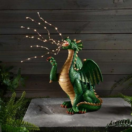 Garden Mile Large Garden Dragon Statue with Solar Powered String Lights - Outdoor Decor Weatherproof Light Up Resin Dragon Ornaments For Patio, Balcony - Perfect Gardening Gift Idea