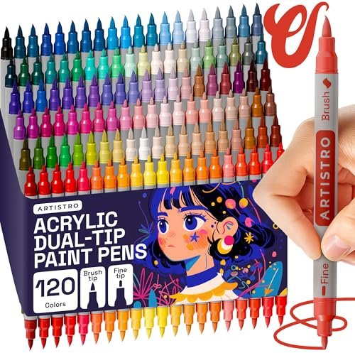 ARTISTRO 120 Acrylic Paint Pens – Dual Tip (Brush & Fine) Markers for Fabric, Canvas, Rock, Glass, Wood – Calligraphy, Scrapbook Supplies DIY & Gift for Kids, Teens - Art Set