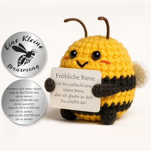 Tixlux Pocket Hug Fröhliche Biene, Kreative Strickwolle Biene Figur und Kleine Umarmung Glücksbringer, Geschenke zur Einschulung, MutmacherGeschenk, Gute BesserungGeschenk, Einschulung Geschenk