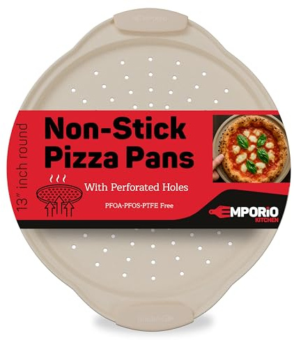 Non-Stick Pizza Pan with Silicone Handle 1 Pack, 13 Inch Round Carbon Steel Tray with Perforated Holes, Dishwasher & Oven Safe Up To 450°F, PFOAPFOSPTFE Free, Durable Nonstick White Marble Coating