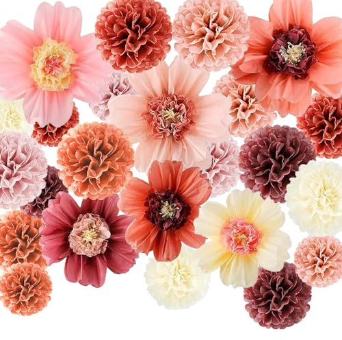 24PCS Papier Blumen Deko Pink, Deko Hochzeit Papierblumen Zum Aufhängen, Rosa Deko Geburtstag Papier Pompons, Seidenpapier Blumen Deko Gartenparty für Babyparty Deko Abschlussball Geburtstag Deko