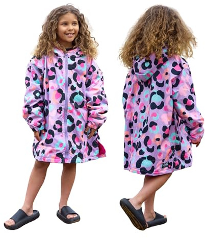 OHS Drying Robe for Kids, Lightweight Leopard Print Waterproof Jacket for Girls Breathable Packable Wind Resistant Rain Jacket for Outdoor Activities, Lilac Leopard Print