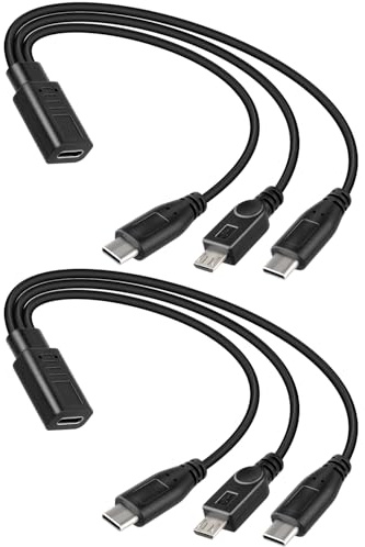 RIIEYOCA Câble de charge USB C femelle 3 en 1 vers micro USB et 2 câbles de charge mâles de type C, alimentation uniquement, cordon USB multifonction, répartiteur USB C court (lot de 2)