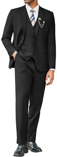 COOFANDY Men's 3 Pieces Suits Classic Fit 2 Buttons Dress Suit Set Wedding Business Dinner Prom Jacket Vest Pants Black