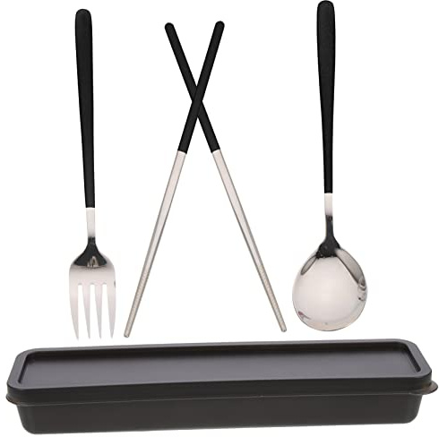 TOYZFRIENDY Cubiertos Portátil De Acero Inoxidable Con Estuche Utensilios De Viaje Ligeros Para Picnic Camping y Oficina Incluye y Palillos Negro y Plata