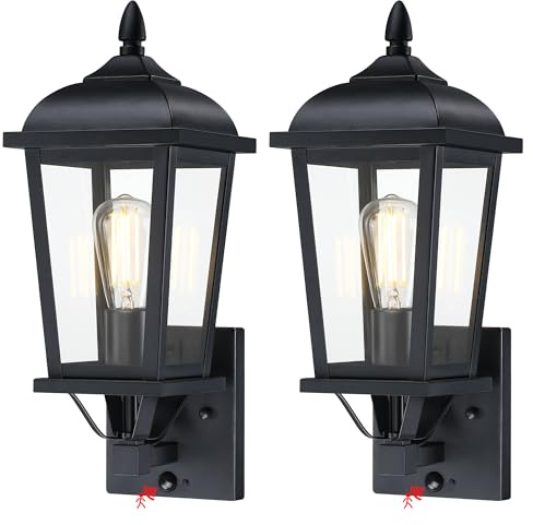 HausDee 2-Pack Motion Sensor Outdoor Wall Lantern, Dusk to Dawn Outside Modern Lighting Fixtures, Black Exterior Porch Lamp Lighting, Waterproof Outdoor Wall Sconce for Patio (Black Cover)