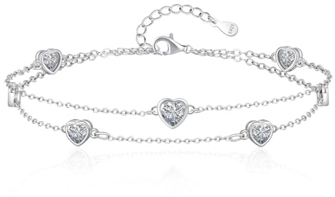 Tusuzik Bracciale Donna Argento 925 Con Cuore Doppia Catena Regolabile braccialetti Gioielli pietra natale braccialetti Cuore Regalo Donna Compleanno per Moglie Mamma Fidanzata Amica(Bianco)