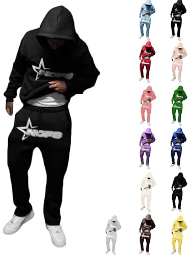 Jogginganzug Herren 2 Teilig Tracksuit Trainingsanzug mit Buchstaben Druck Hoodie und Jogginghose Y2K Hip Hop Streetwear Oversized Baggy Freizeitanzug Sportanzug Set Winter Warm Baumwolle Sweatsuit