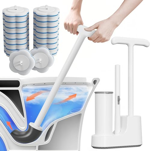 Disposable Toilet Brush and Plunger Set, Dual Handdle Toilet Plunger, All-in-1 Bathroom Cleaning Kit with 18PCS Refills, Toilet Cleaning Stick and Ventilated Holder, Bathroom Essentials (White)