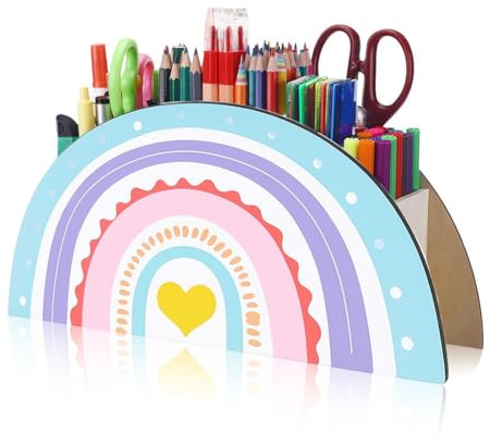 THQAE Stiftehalter Schreibtisch Organizer Holz Stiftebox Kinder Stifteköcher Aufbewahrung Regenbogen Stifte Organizer Stifte Halter Stifthalter Schreibtisch Zubehör für Büromaterial（Gelbes Herz）