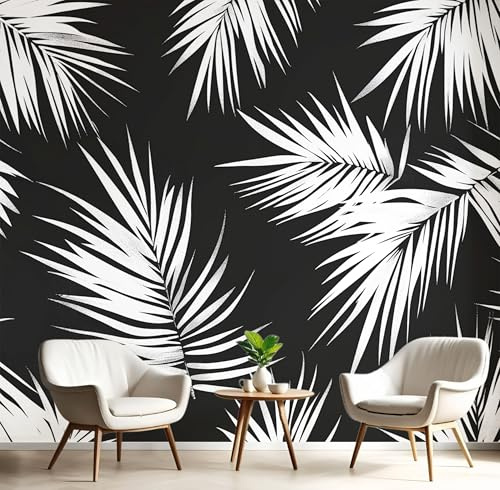 Papier Peint 3D Noir Et Blanc Feuilles De Palmier Élégantes 400X280Cm Poster Geant Mural Panoramique Peinture Murale Interieur Plantes Illustrées Pour Salon Chambre Coucher D'Enfant Maison Décoration