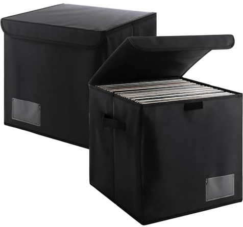 YOUNTHYE Confezione da 2 scatole portaoggetti per dischi in vinile, 33 x 33 x 33 cm, pieghevoli, impilabili, possono contenere fino a 120 dischi con coperchio e manici