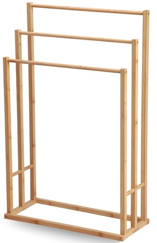 BUDDLEY Handtuchhalter Bambus Freistehend 55 cm - 3 Stangen Handtuchständer Badezimmer ohne Bohren - FSC Bambus Holz Handtuchleiter Braun Skandinavisch