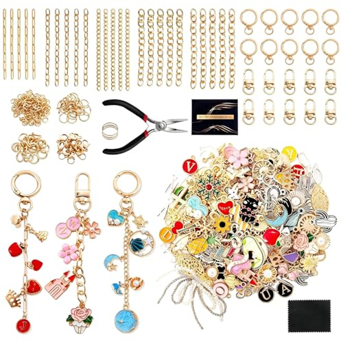 356 Stück DIY Schlüsselanhänger Bastelset, komplettes Set mit Charms, Anhängern und Metallringen, Kreatives Bastelzubehör für Schmuckherstellung, Zum Selbermachen für Kinder, Teenager und Mädchen