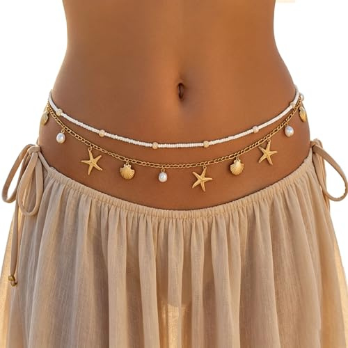 Floruvia 2-Piece Gold Starfish Waist Chain for Women, Adjustable Belly Chains, Boho Shell Beads, Bikini Body Chain for Beach, Summer Festival