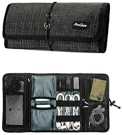 ProCase Bolsa Organizadora de Accesorios Electrónicos, Estuches de Transporte de Artilugios Pequeños Cargador Cables USB Tarjetas de Memoria SD Auriculares Disco Duro -Cuadros Negro