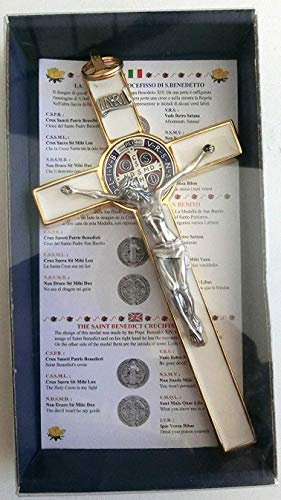10.004.21 Blanc Croix Or Blanc Saint Benoît 20 CM Émaillé avec Boîte Cadeau Saint Benedict Exorcisme Prêtre Exorcisme Prêtre Sœur Eglise