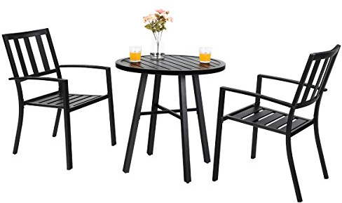PHI VILLA 3 Piece Outdoor Patio Bistro Dining Set, Slatted Metal Round Table & 2 Patio Chairs, Outdoor Furniture Set for Porch, Deck